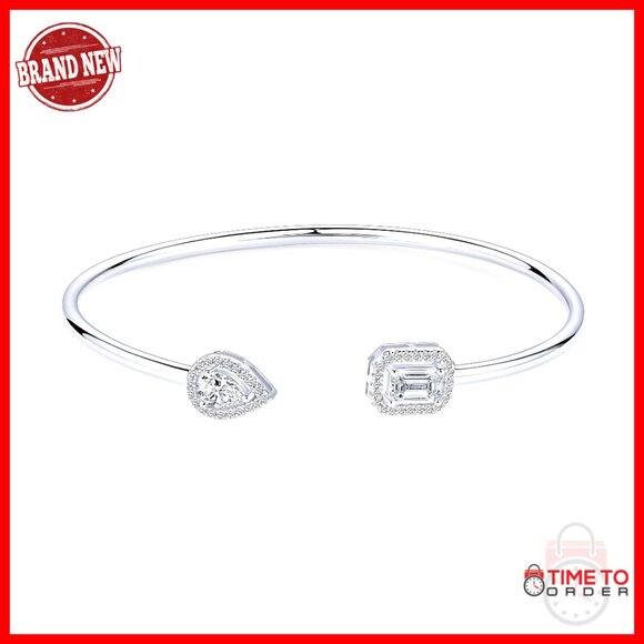Sterling Silver Moissanite Cuff Bangle Elegant Bridal Dainty Adjustable Fit